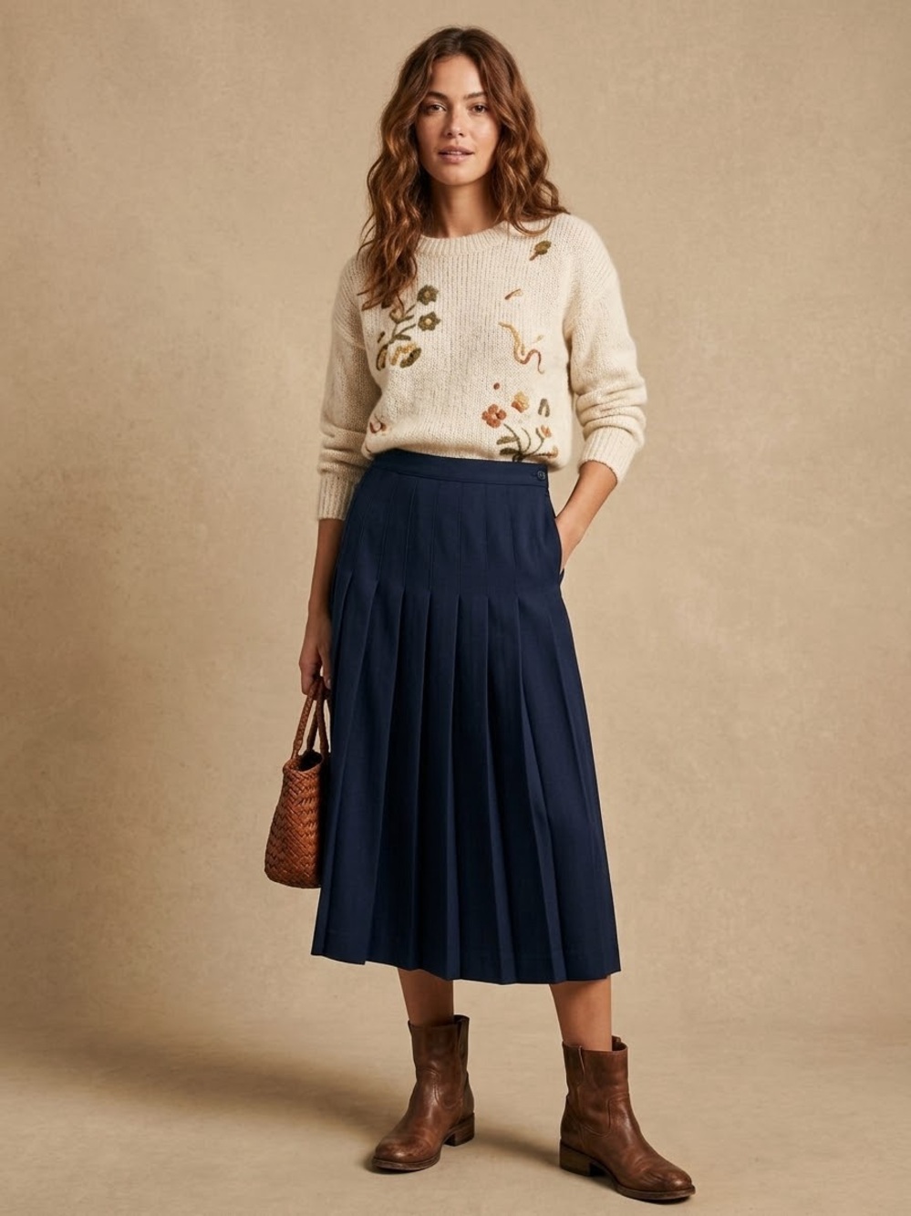 Vintage 80s 90s Career Essentials Navy Blue Pleated Midi Skirt Wool Vtg 12 / Med
